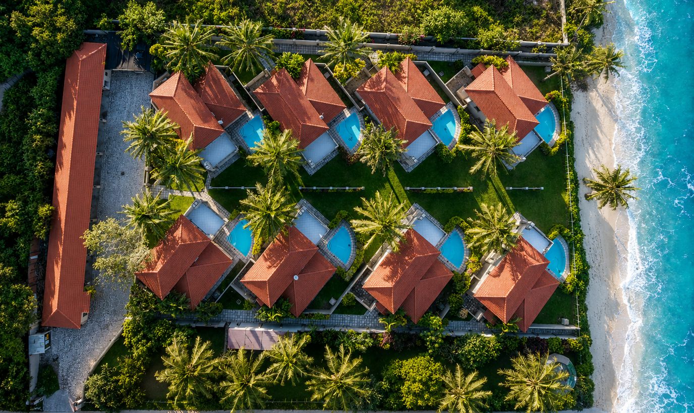 Aerial view of the eight Giney's View villas and their private pools