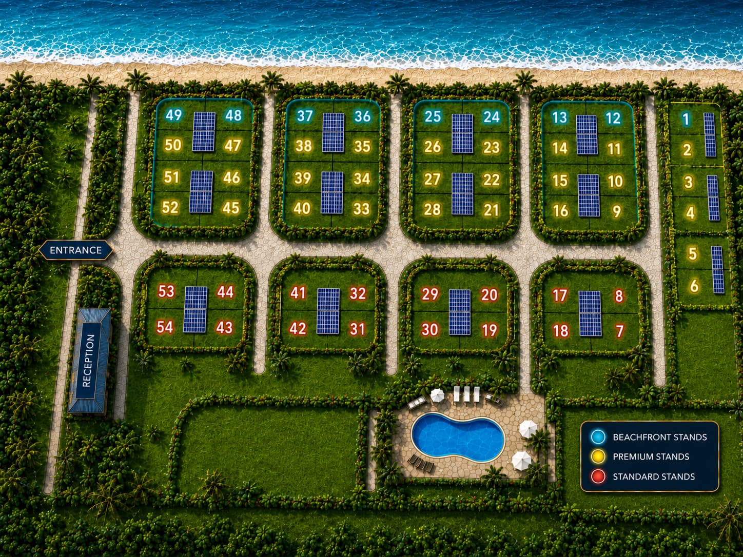 Jan's 5 Star campsite layout — Beachfront (cyan), Premium (yellow) and Standard (red) stands, entrance, reception and pool